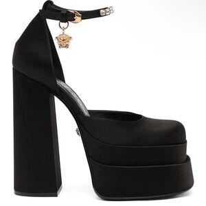 Versace Black Satin Platform Ankle-Strap Pumps with Gold Medusa Charm